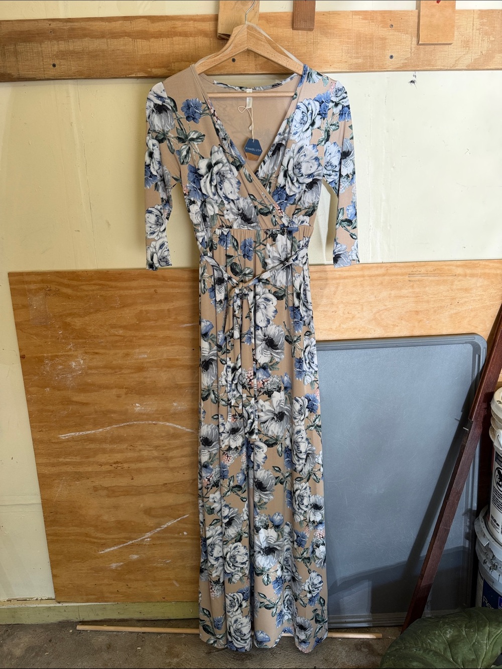 Pinkblush Beige Floral Wrap Maxi Dress with Blue Accents